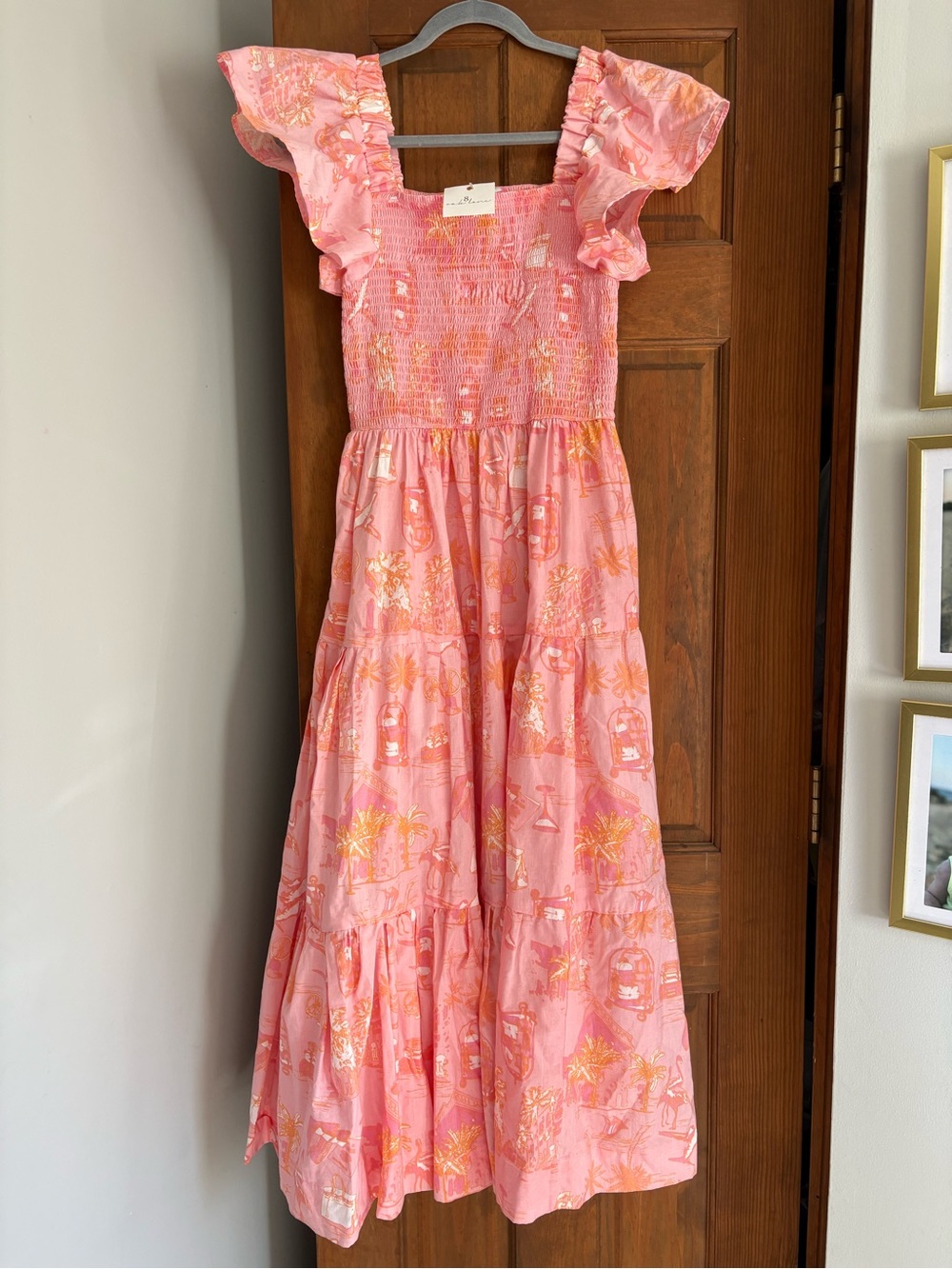NEW 8 Oak Lane Medium Pink 100% Cotton Maxi Flutter Sleeve Sunset Toile Dress